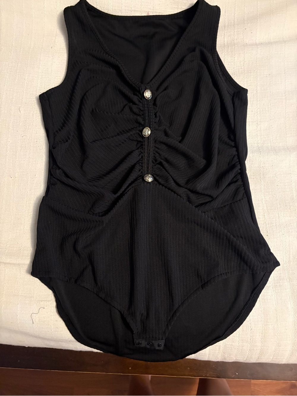 SHEIN Black Ribbed Scoop Neck Bodysuit with Decorative Buttons